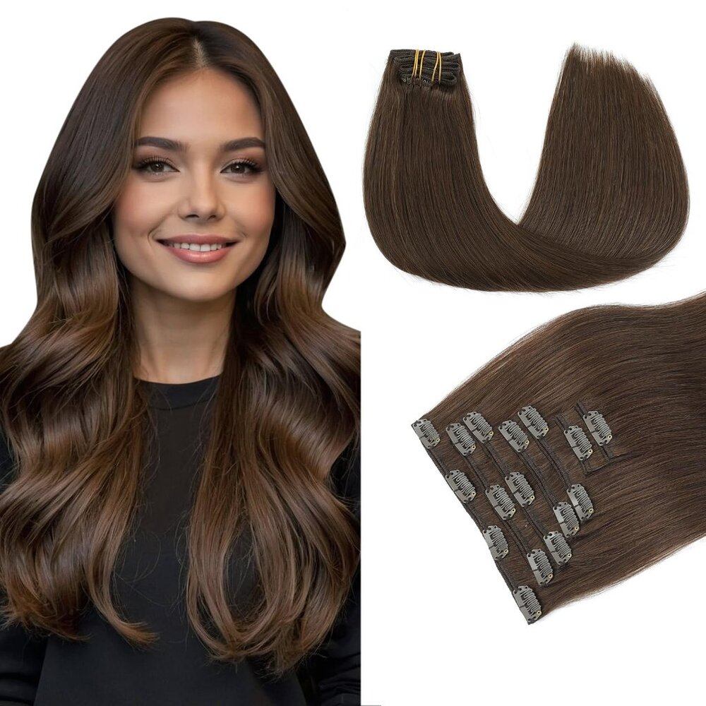 Human Hair Clip In Extensions 14in Chocolate Brown 7pcs Natural Long Straight